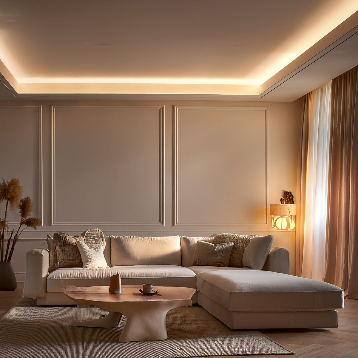 Corniche d'éclairage indirect LED en polyuréthane — 200 × 140 × 150 mm – exemple de rendu en intérieur