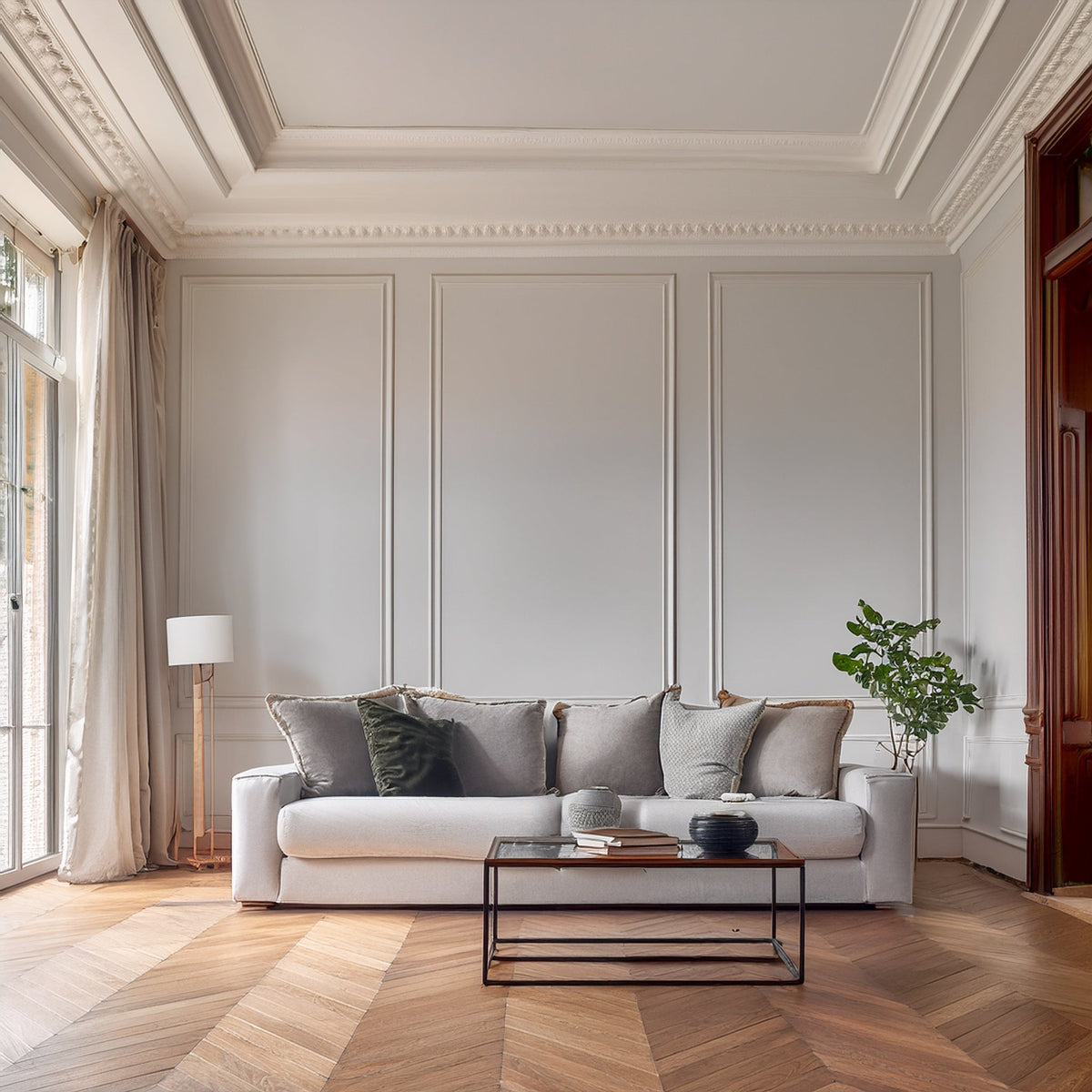 Corniche de plafond décorative en polyuréthane — 200 × 47 × 90 mm – exemple de rendu en intérieur