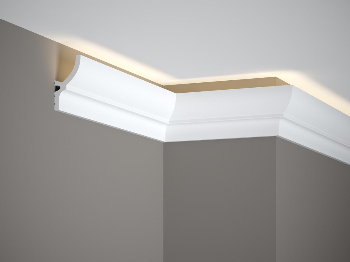 Corniche d'éclairage indirect LED en polyuréthane — 200 × 40 × 72 mm (réf. ARK-COR009)