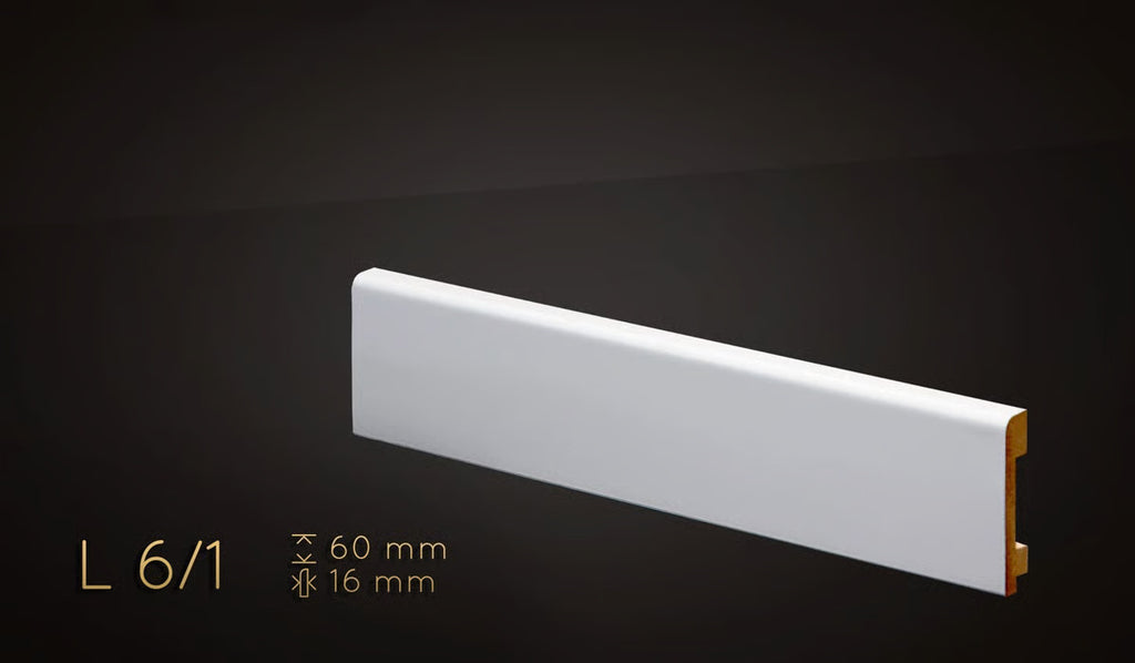 Plinthe MDF 60 mm blanche laquée – modèle 6/1 (60 x 16 x 2000 mm)