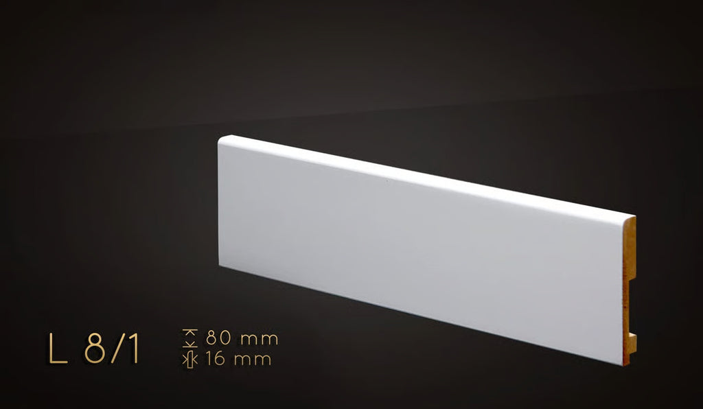 Plinthe MDF 80 mm blanche laquée – modèle 8/1 (80 x 16 x 2000 mm)