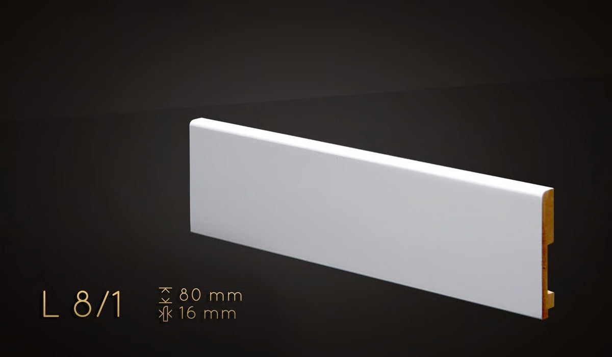 Plinthe MDF 80 mm blanche laquée – modèle 8/1 (80 x 16 x 2000 mm)
