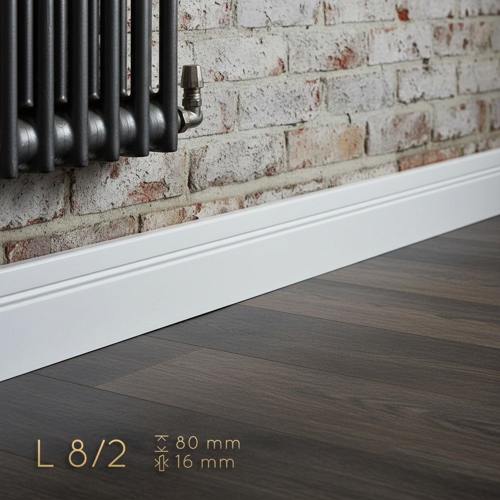 Plinthe MDF 80 mm blanche laquée – modèle 8/2 (80 x 16 x 2000 mm)