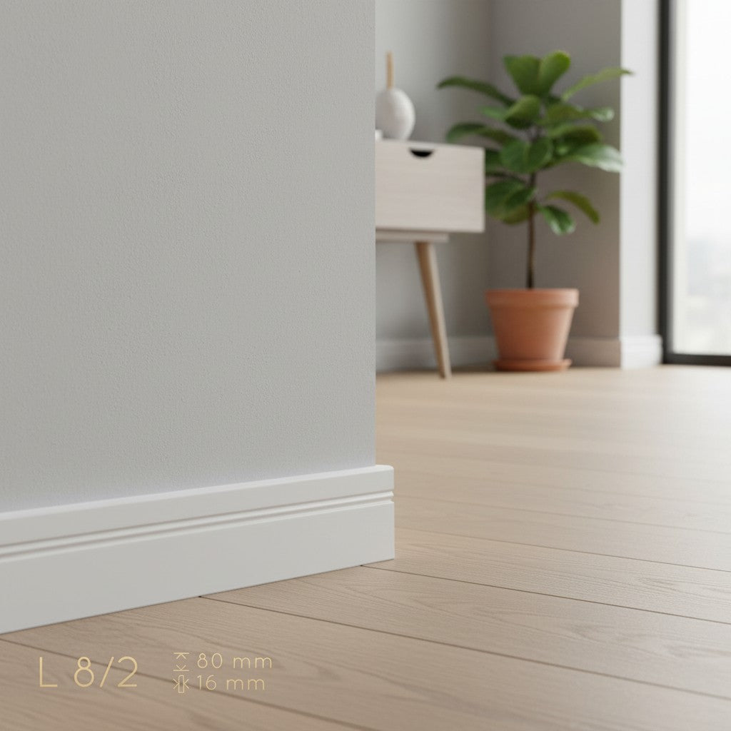 Plinthe MDF 80 mm blanche laquée – modèle 8/2 (80 x 16 x 2000 mm)