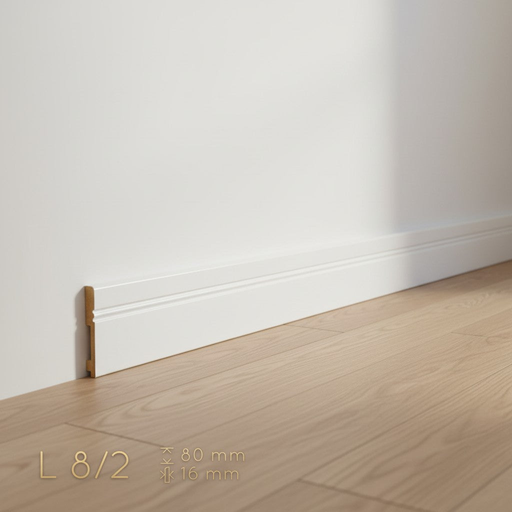 Plinthe MDF 80 mm blanche laquée – modèle 8/2 (80 x 16 x 2000 mm)