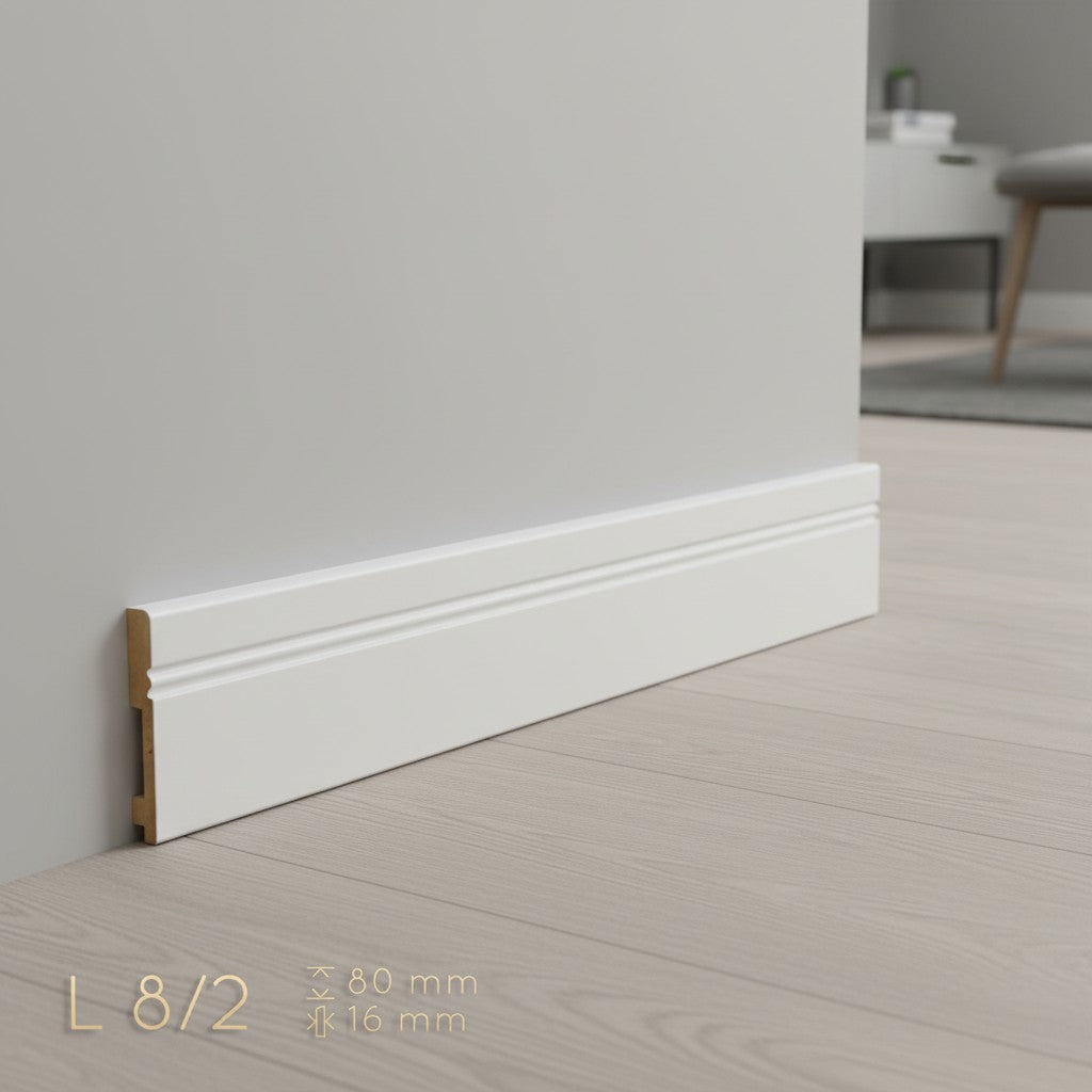 Plinthe MDF 80 mm blanche laquée – modèle 8/2 (80 x 16 x 2000 mm)