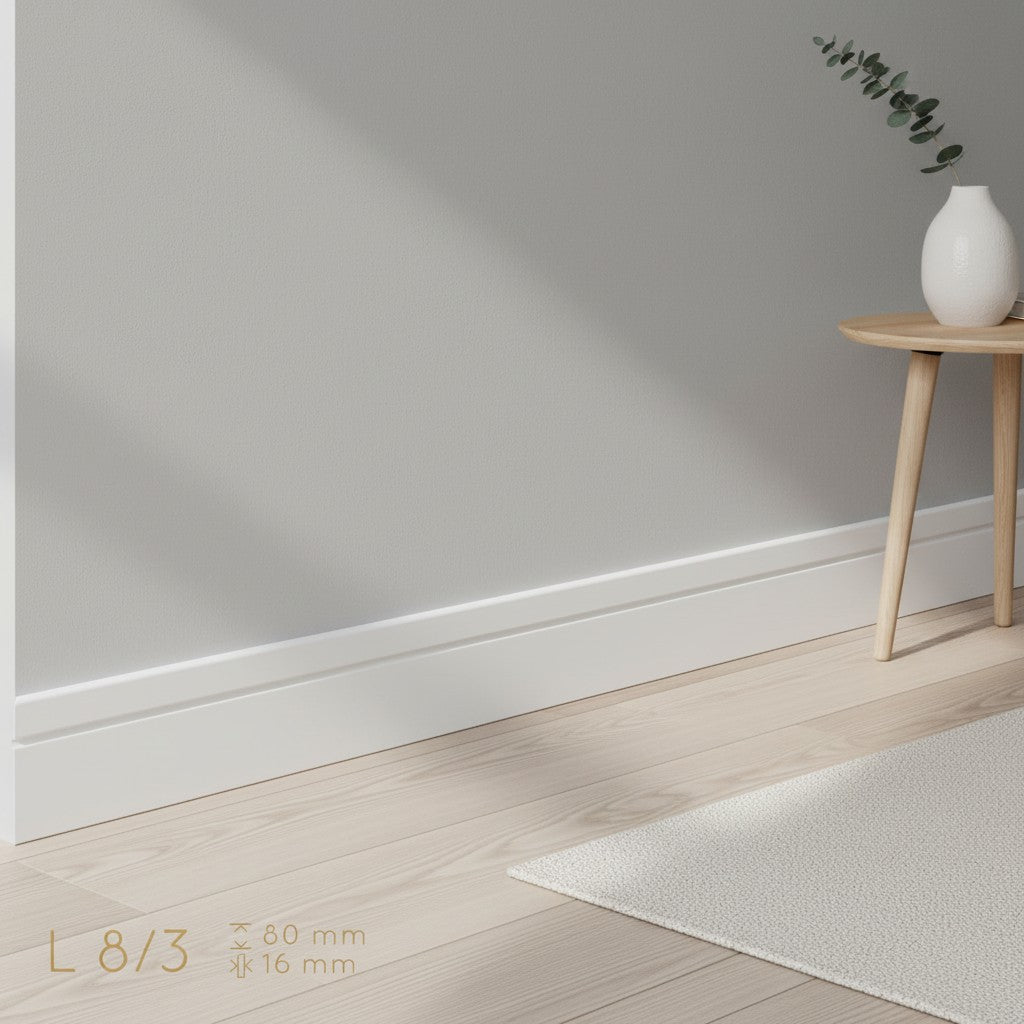Plinthe MDF 80 mm blanche laquée – modèle 8/3 (80 x 16 x 2000 mm)
