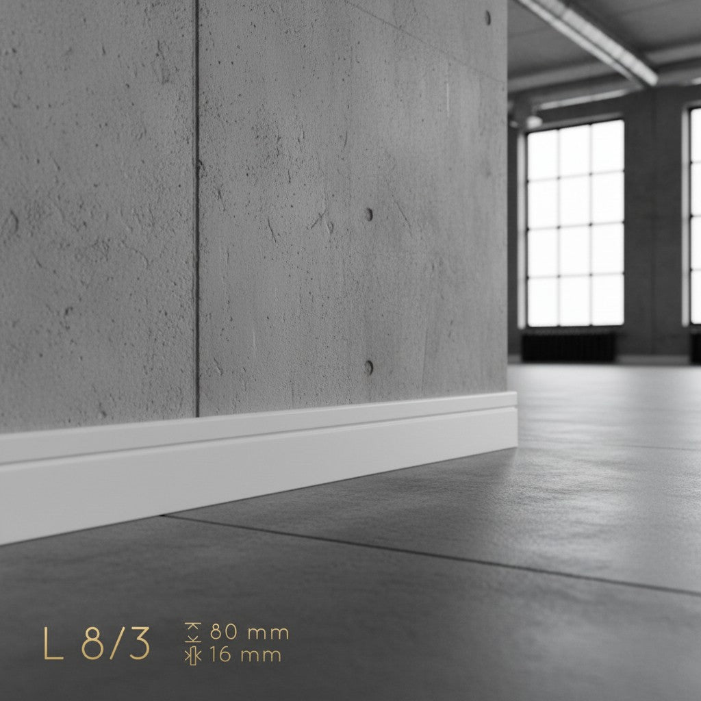 Plinthe MDF 80 mm blanche laquée – modèle 8/3 (80 x 16 x 2000 mm)
