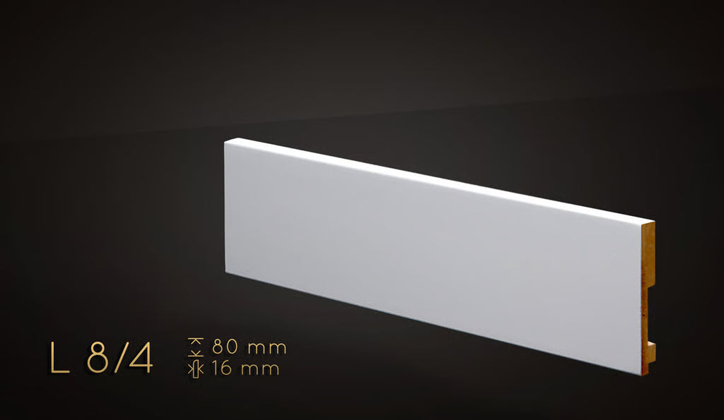 Plinthe MDF 80 mm blanche laquée – modèle 8/4 (80 x 16 x 2000 mm)