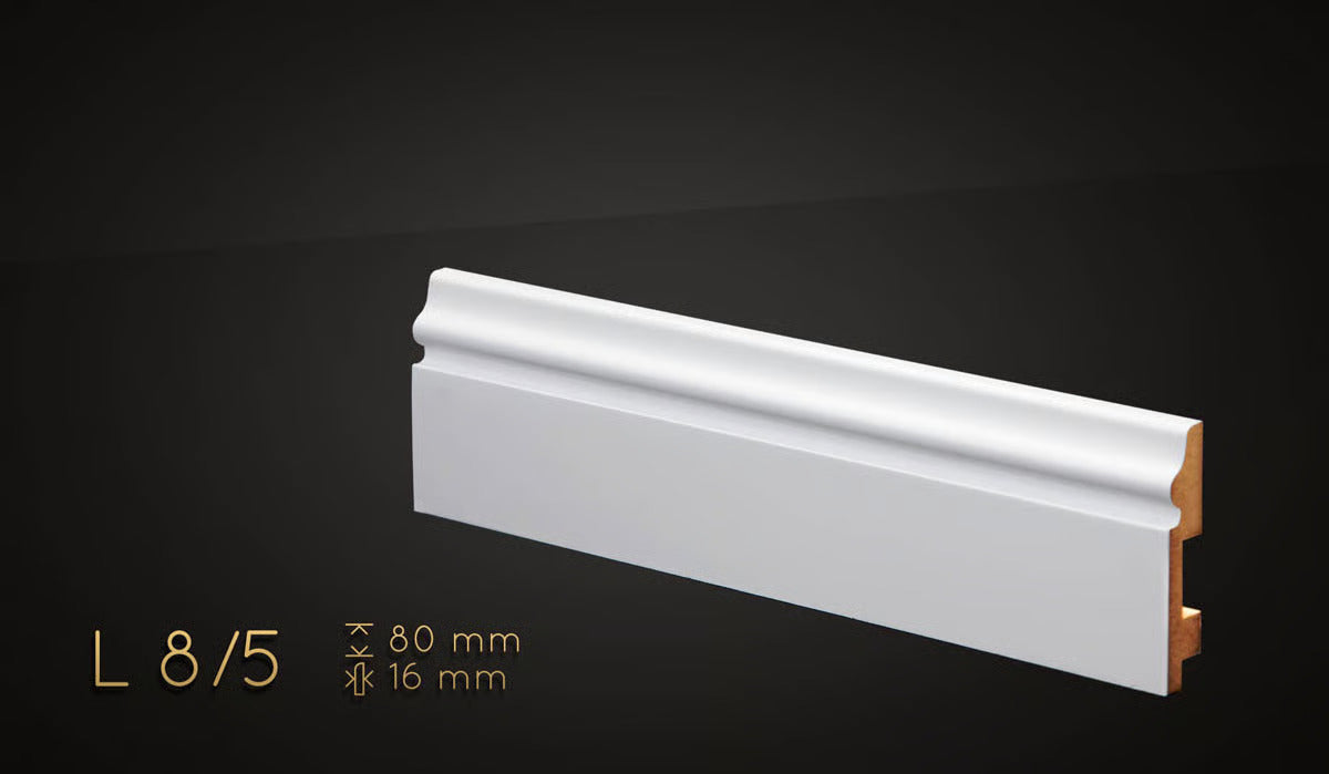 Plinthe MDF 80 mm blanche laquée – modèle 8/5 (80 x 16 x 2000 mm)