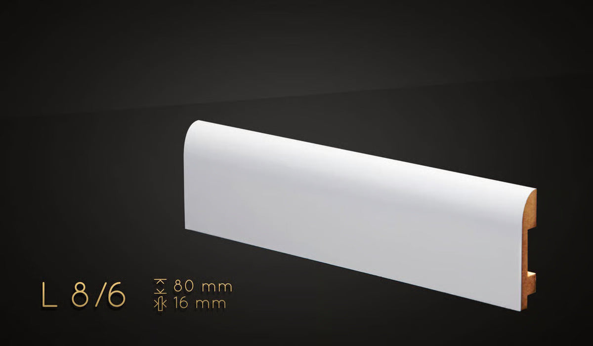 Plinthe MDF 80 mm blanche laquée – modèle 8/6 (80 x 16 x 2000 mm)