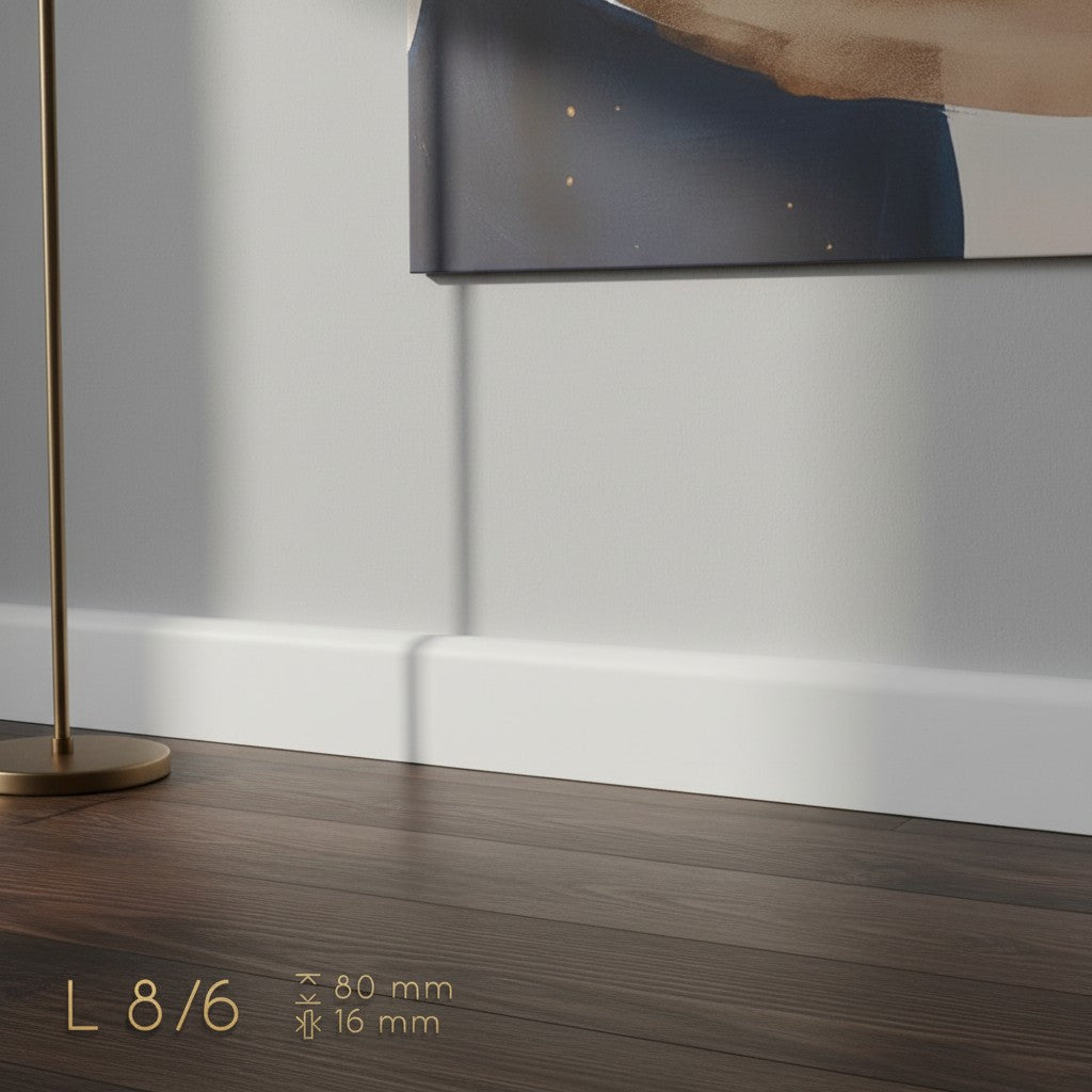 Plinthe MDF 80 mm blanche laquée – modèle 8/6 (80 x 16 x 2000 mm)
