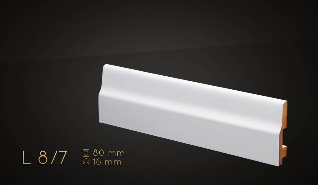 Plinthe MDF 80 mm blanche laquée – modèle 8/7 (80 x 16 x 2000 mm)