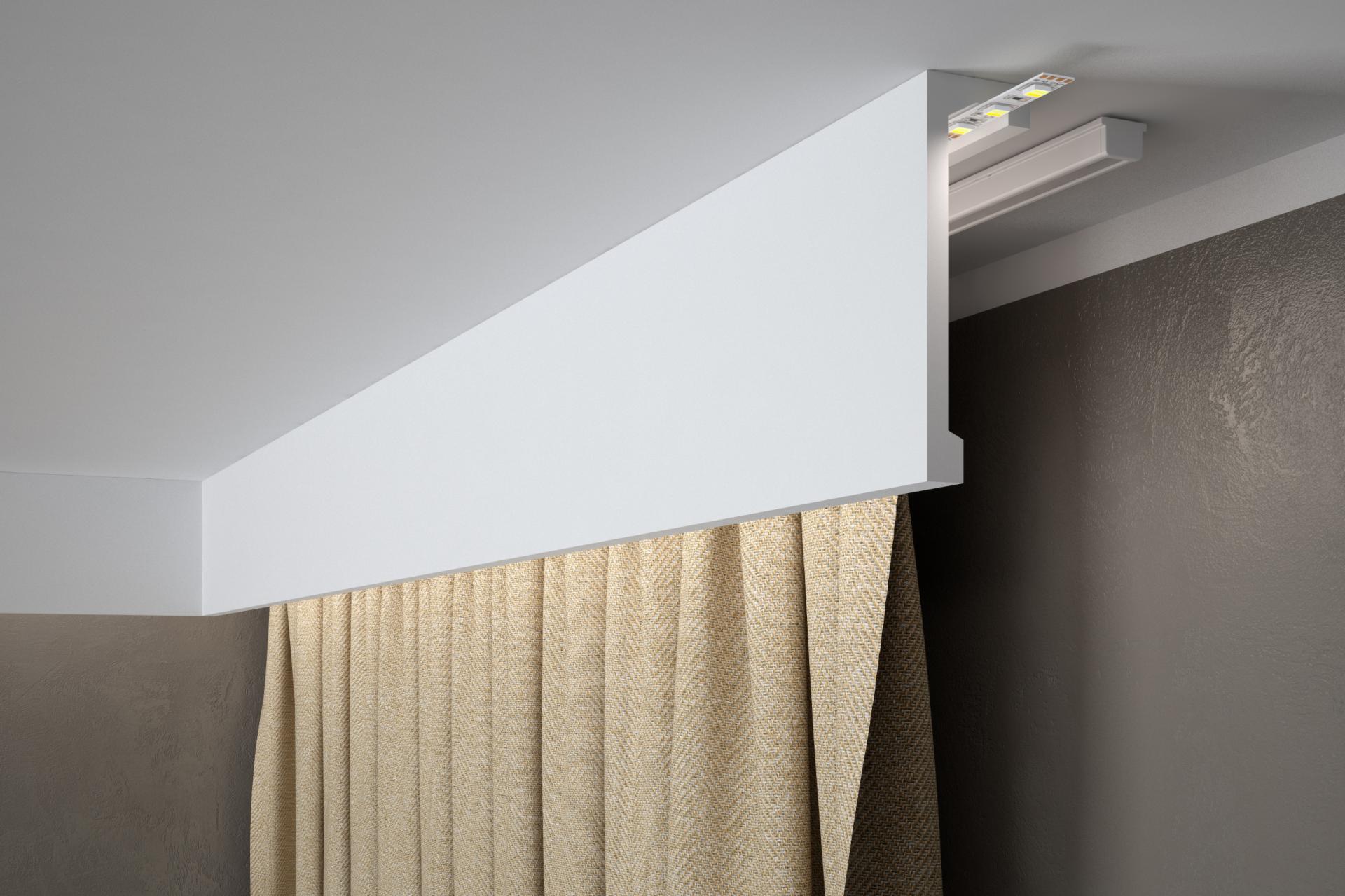 Corniche cache-rideau en polyuréthane — 200 × 46 × 148 mm (réf. ARK-COR041)